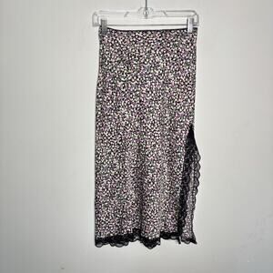 Floral Satin Slip Skirt Lace Slit Size 2